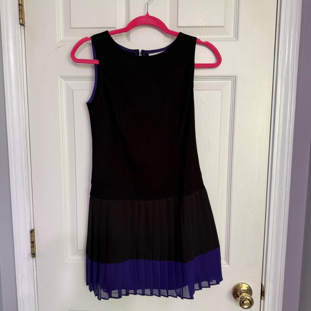 LOFT Petites Black Purple Colorblock Pleated Drop Waist Dress 0P Romantic Goth